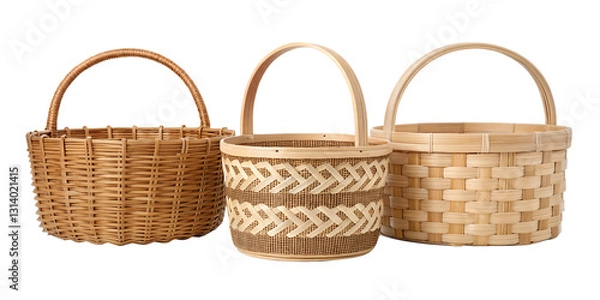 Fototapeta Three Different Styles of Woven Bamboo Basket on White Background for Natural and Eco-friendly Storage Photography, Cut Out