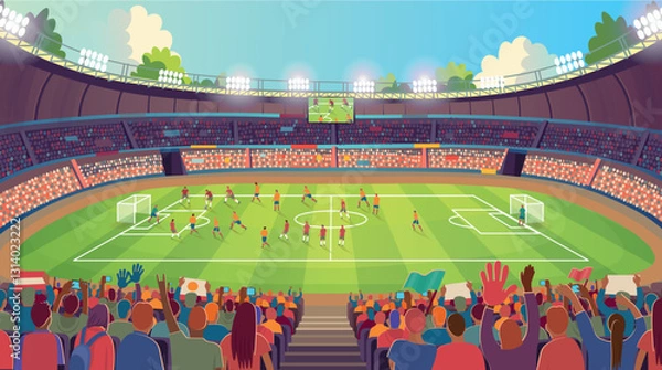 Fototapeta he stadium's Grand Arena with a football match and fans. Soccer stadium. A large stadium arena with fans and a soccer field. Soccer field and fans. Soccer fans cheer their team.