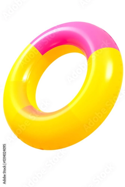 Fototapeta Realistic inflatable swim ring with pink and yellow color combination for summer beach and pool fun. Floating water safety tube. Isolated on transparent background. Generative Ai.
