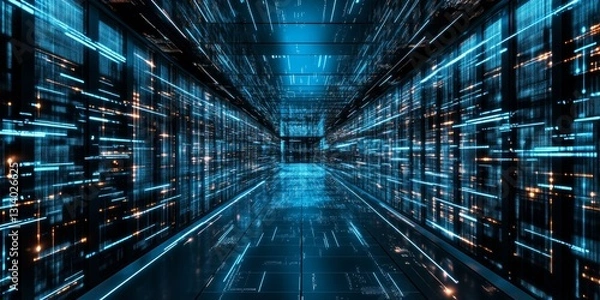 Fototapeta Futuristic Data Center with Glowing Data Streams and Neon Lights