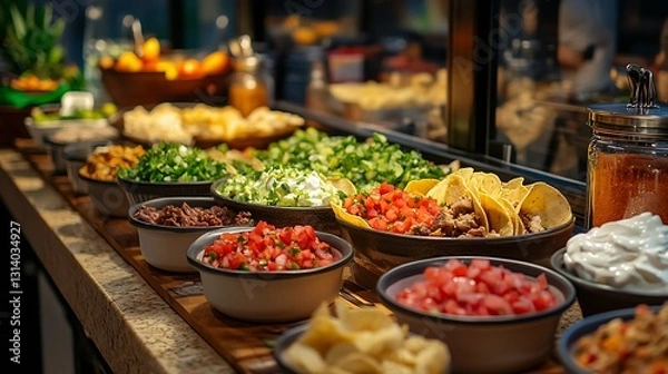 Fototapeta Taco bar with various toppings, meats, and sauces.