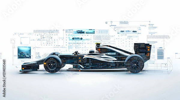 Fototapeta Black And Orange Formula One Race Car With Data Analysis Overlay On White Studio Background With Motion Blur Effect