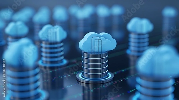 Fototapeta Digital representation of cloud computing technology with stacks of data and blue cloud icons on a reflective surface