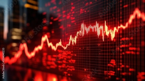 Obraz Close-up of Red Stock Market Chart Reflecting City Lights - Financial Downturn, Recession, Business, Crisis