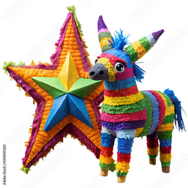 Obraz Festive Piñata Duo, A vibrant pair of piñatas, a colorful star and donkey, stand side-by-side, filled with anticipation for fun and celebration.