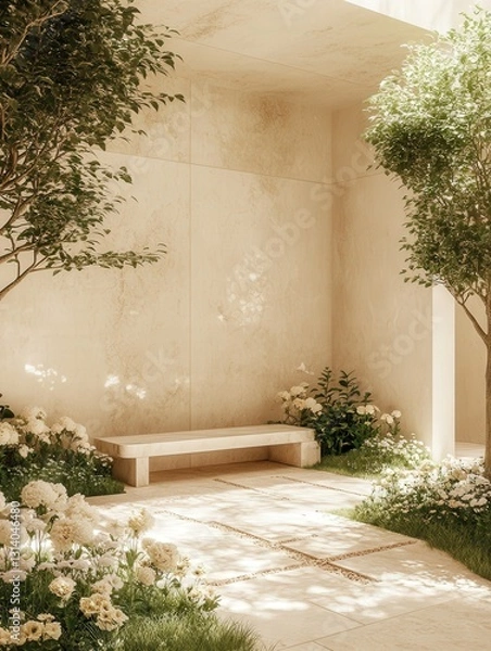 Fototapeta marble bench surrounded by various landscape trees.