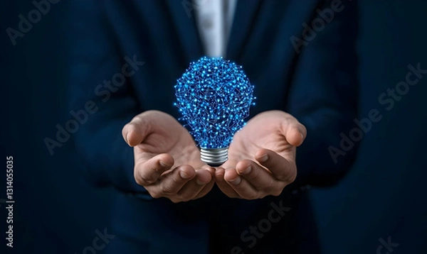Obraz Hands Holding Innovative Light Bulb with Blue Twinkling Lights