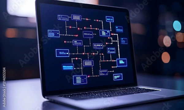 Obraz Computer Displaying Complex Data Flow and Network Structure Diagram
