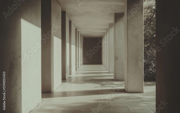 Fototapeta Sunlit Concrete Corridor with Evenly Spaced Columns