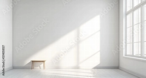 Fototapeta A white room with a wooden bench in the corner