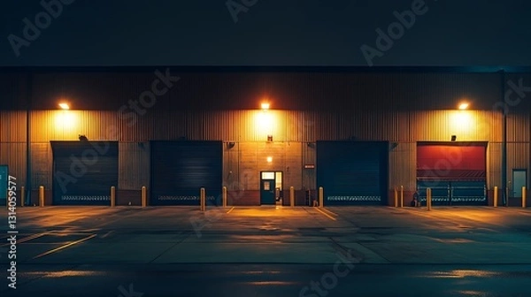 Fototapeta Night view of illuminated warehouse loading docks with closed doors.