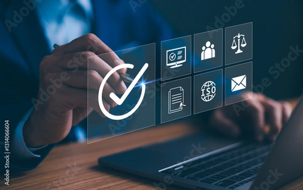 Fototapeta Compliance in business to laws and regulations, ethical operations. businessman hand holding compliance icons on a virtual screen symbolizes the commitment to enforce standards and internal policies.