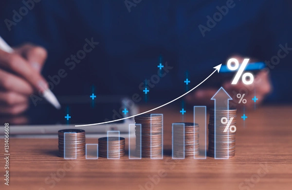 Fototapeta Interest rate and dividend concept, Businessman is calculating income and return on investment in percentage. income, return, retirement, compensation fund, investment, dividend tax, stock market
