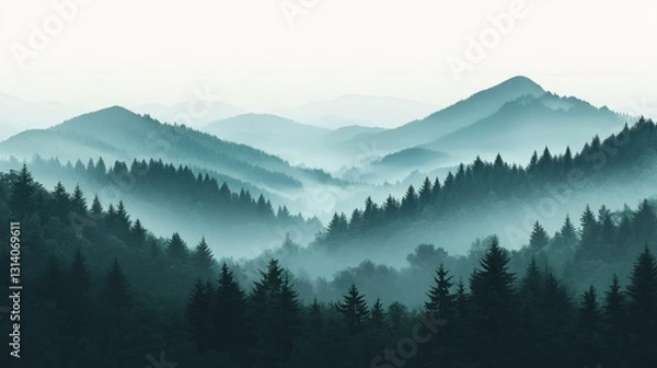 Fototapeta Layers of forested mountain ranges obscured by atmospheric fog