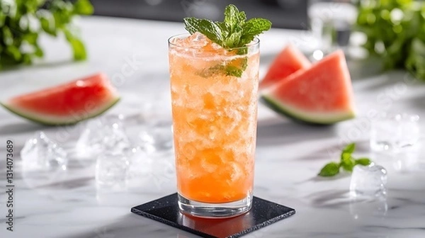 Fototapeta Refreshing watermelon cocktail with crushed ice mint garnish and summer vibes