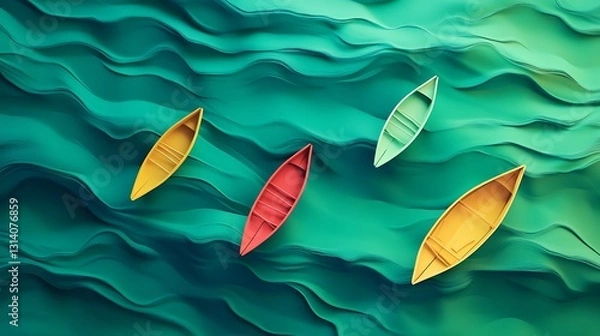 Fototapeta Colorful paper boats floating on abstract green water background