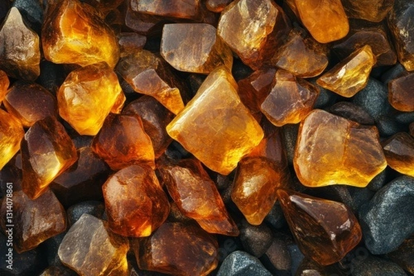 Fototapeta Smooth wet pebbles in sunlight on beach. AI generative