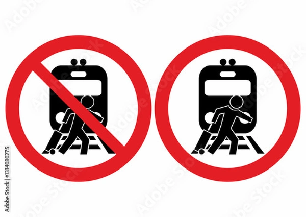 Fototapeta Prohibition of shortening the route over the tracks, ban crossing railway, engine and person with suitcase, set two vector icons, symbol, red circle traffic sign
