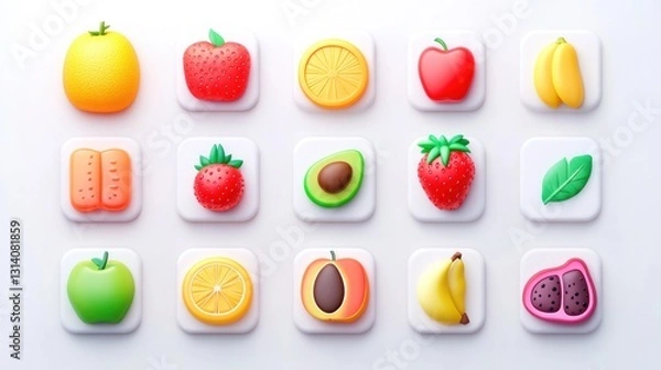 Fototapeta Flat lay of colorful cartoon fruits on white background. Possible use for children's education or healthy eating