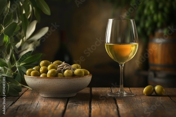 Fototapeta Bowl of green olives with white wine on rustic wood. AI generated