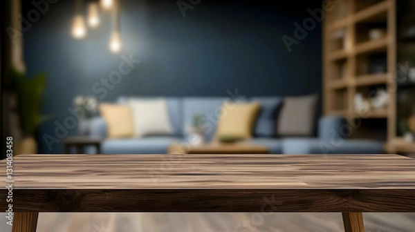 Fototapeta Empty Wooden Table In Focus Against Blurred Background Of Modern Living Room Interior With Sofa Home Decor Elements And Warm Lighting Perfect For Product Placement