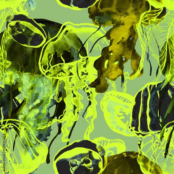 Fototapeta Seamless pattern with ink drawn jellyfish on green background. Textile print with ocean animals. Illustration in collage technic. Design to fabric, surfaces, wear print, covers. Ocean pollution theme.