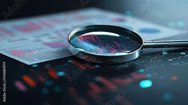 Fototapeta Magnifying Glass Over Data Chart Examining Financial Information In Dark Setting