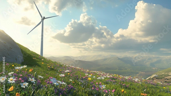 Fototapeta Wind turbines in the mountains, flower field, wind turbines in the alps.