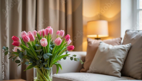 Fototapeta Cozy bouquet of tulips and eucalyptus in living room corner, tranquility