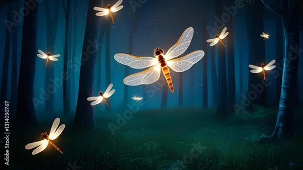 Fototapeta A dreamlike and magical illustration of a firefly fluttering in the shadowy woods at night. This concept draws inspiration from fairy tales