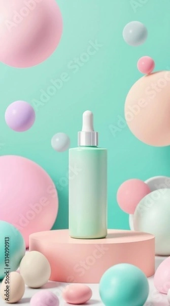 Obraz A bottle of perfume is on a pedestal in front of a bunch of colorful balls