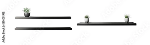 Fototapeta black floating shelves with potted plants on white background