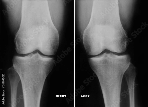 Obraz Real X-Ray Left and Right knee Radiograph.  
Radiography film of a 47-year-old woman knees revealing the absence of morphological and structural alterations. Regular width of the various departments.