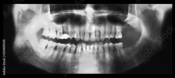 Obraz Orthopantomography (OPG) or Radiography of the oral cavity. Real Orthopantomogram or x-Ray film of dental arches of a man with signs of diffuse periodontitis and bone resorption of the root tips. 