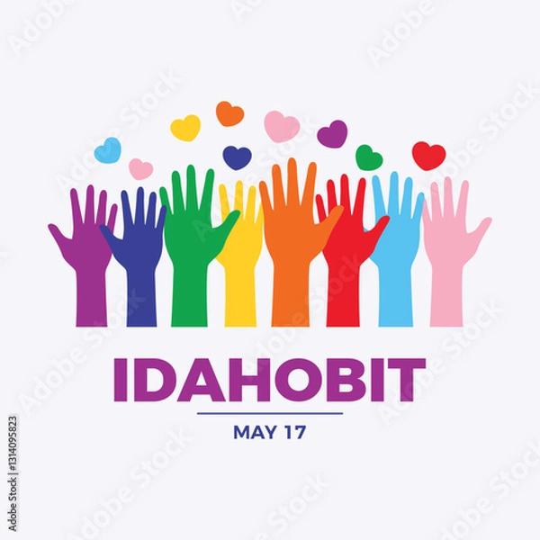 Fototapeta IDAHOBIT International Day Against Homophobia, Transphobia and Biphobia poster vector illustration. LGBT raised hands up pride flag icon. LGBTQIA hands up silhouette vector. Template for card, banner