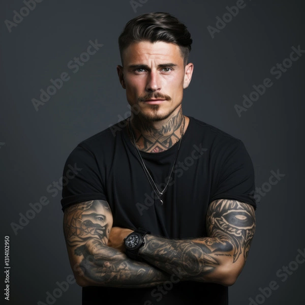 Fototapeta Portrait of a man with tattoos in a black shirt. Tattooed man with crossed arms on a gray background looking at the camera. Studio shot of an athletic man with tattoos looking forward.