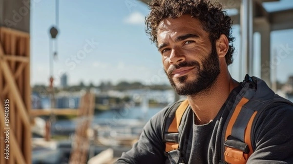 Fototapeta Construction worker ensures precise alignment at a waterfront site Generative AI