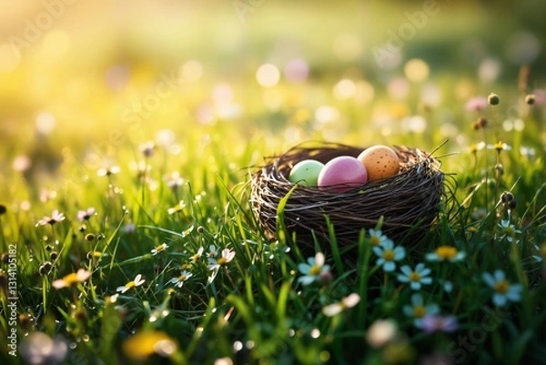 Obraz Osternest mit bunten Eiern in einer taufrischen Wiese voller Wildblumen. Sonnenstrahlen reflektieren sich in Wassertropfen auf dem Gras. Der Hintergrund zeigt einen weichen Morgenglanz.