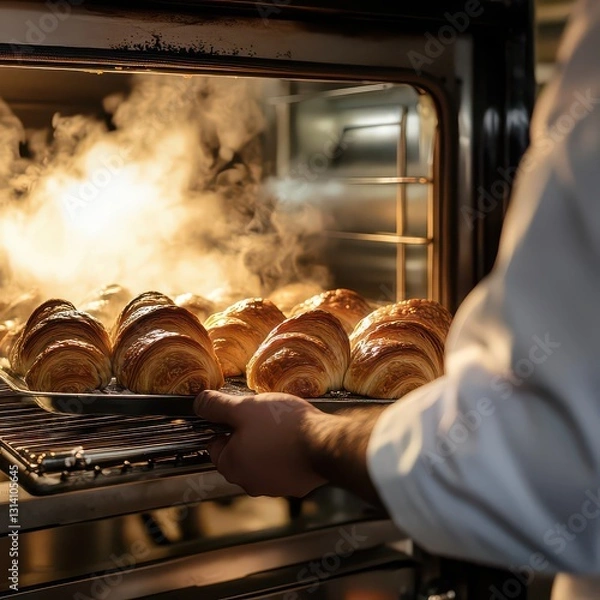 Fototapeta A pastry chef pulls a tray of golden-brown croissants from a professional oven, steam rising in the air.