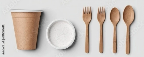 Fototapeta sustainable packaging design compostable product, Disposable cup and wooden utensils arranged on a light background, emphasizing eco-friendly dining solutions.