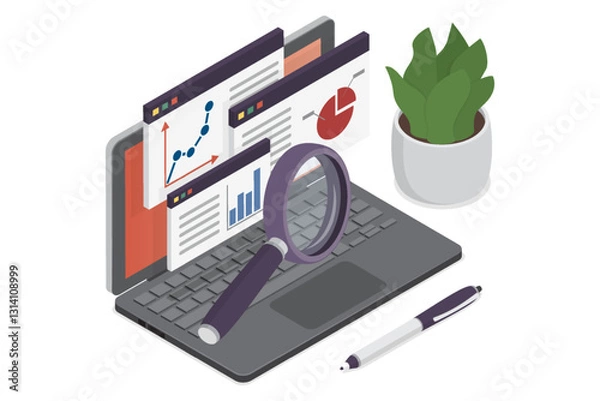 Fototapeta Concept with laptop computer, charts diagrams, graphs. Tools for data analysis, statistical or financial analytics. Isometric vector illustration on white background