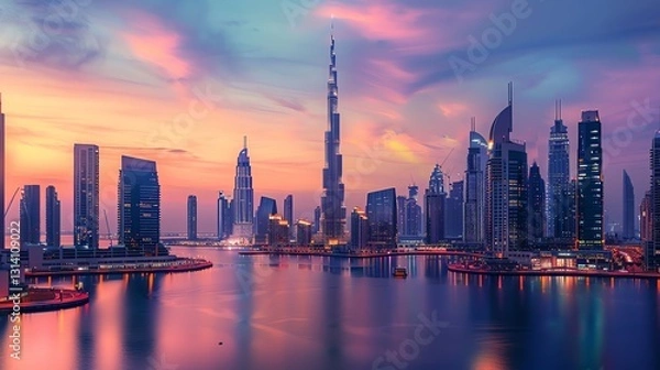 Obraz A panoramic cityscape view of Dubai, UAE, at dusk with the Burj Khalifa dominating the skyline.