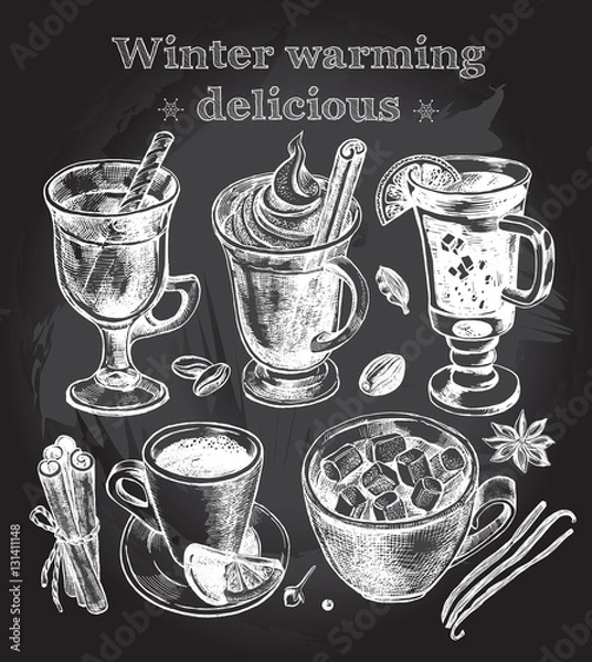 Fototapeta Hand drawn set of warming beverages. Vector isolated elements, collection of hot drinks and spices. Template for menu design, posters, flyers.