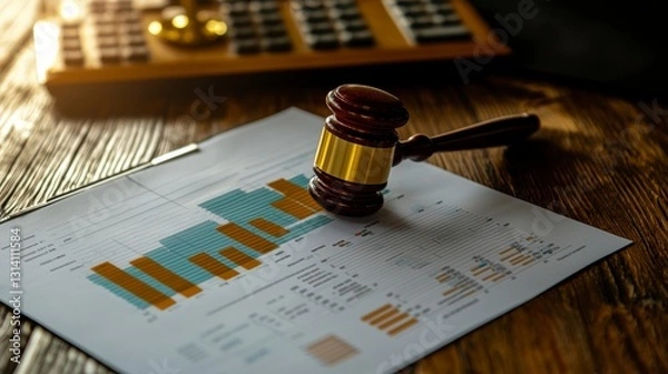 Obraz In the realm of legal complexities and financial scrutiny, a solemn gavel rests upon charts, where data dances with the weight of decisions The graph, a silent witness to the ebb and flow of