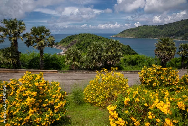 Fototapeta Beautiful beach with colorful water. Top view of the beautiful coastline. Sunny summer day. Colorful water. Sandy beach.	
