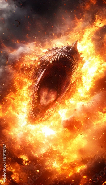 Fototapeta Fiery creature with open mouth engulfed in flames, teeth and tongue visible
