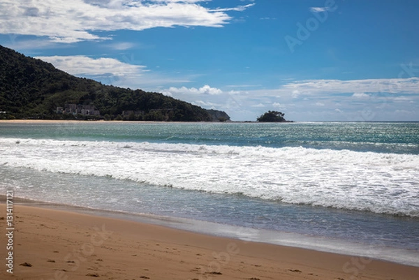 Fototapeta Beautiful beach with colorful water. Top view of the beautiful coastline. Sunny summer day. Colorful water. Sandy beach.	
