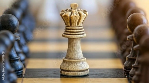 Fototapeta The composition is of a chess board game, a strategy game for two players which requires critical thinking skills There is also a chess piece, which is a queen, placed in the center of the board The