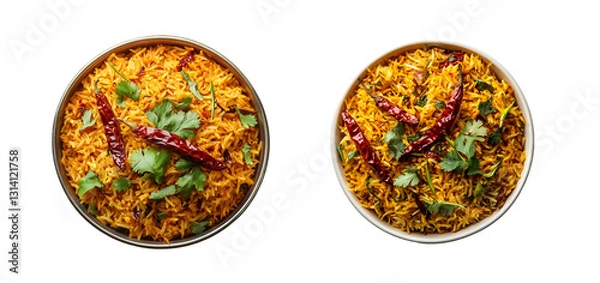 Fototapeta Spicy fried rice with dried red chilies in a bowl isolated on a transparent background