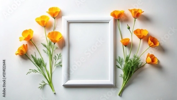 Fototapeta California Poppy Flat Lay Minimalist Luxury Design Stock Photo - Blank Space for Text